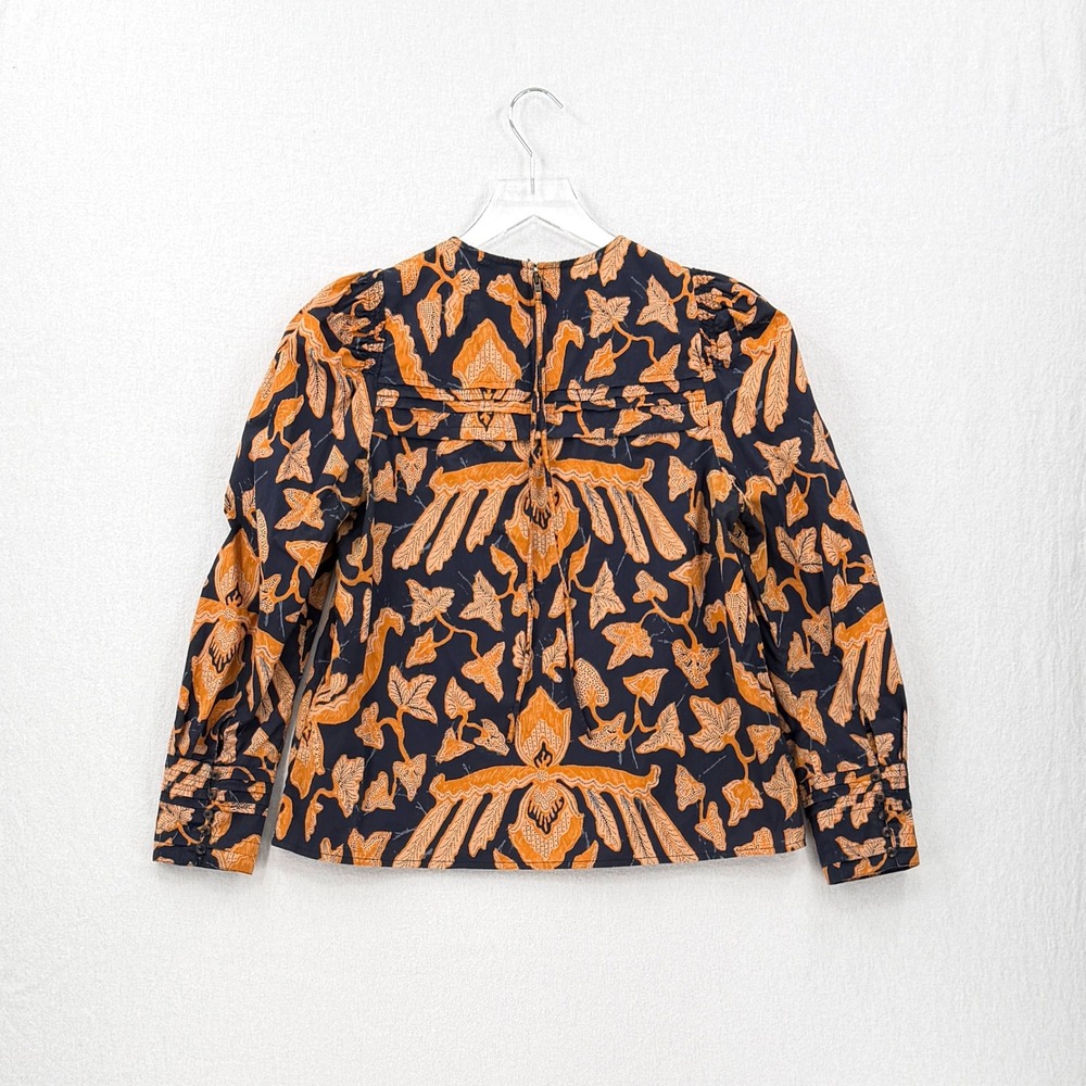ULLA JOHNSON Gemi Blouse Women 6 Navy Orange Floral Long Sleeve Pleated Cotton - Picture 4 of 13